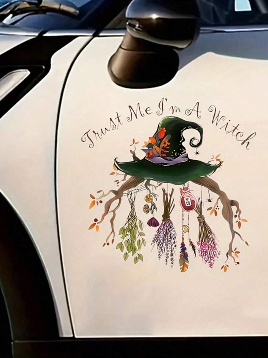 1pc Witch Hat And Broom Decoration Sticker, Vinyl Sticker - Durable, Easy To Apply Decor, Suitable For Cars, Laptops, Refrigerators, Tables, Water Bottles, Suitable For Various Surface Decoration - D - View 1