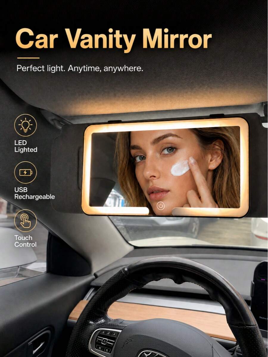 1PC Ultra-Thin LED Car Makeup Mirror, 3 Color Lighting Modes, Detachable Car Vanity Mirror With Light, Touch Control, USB Charging, Compatible With Various Vehicles, Car Mirror Hanging Accessory, Ideal Holiday Gift