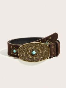 1pc American Vintage Fashion Personalized Turquoise Women's Leather Belt, Suitable For Jeans - Flower Button Turquoise Accessories Brown Suede - View 1