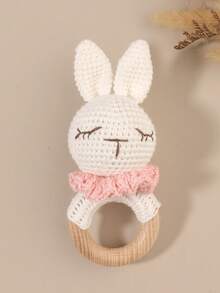 1pc Handmade Crochet Beech Wood Ring Rattle Bunny Bear Handheld Toy, Pink, Blue, White, Khaki, Camel - Multicolor - View 14