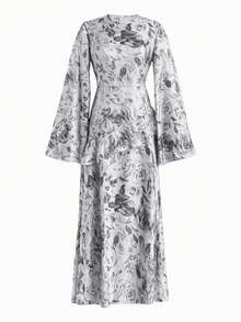 Women's Floral Print Bell Sleeve Satin Long Sleeve Dress - Grey - View 7