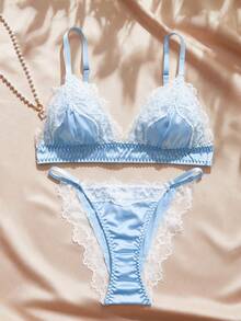 Charlaine 4-Piece Set: Floral Lace And Satin Camisole Bra Briefs Shorts And Camisole Nightdress-Autumn/Winter Loungewear Comfortable And Romantic - Baby Blue - View 12