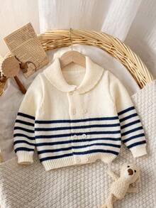 Infant & Toddler Boys' Academy Style Collared Long Sleeve Knit Cardigan Sweater, Colorblock Striped Double-Breasted Casual Versatile Jacket For Daily Wear, School, Spring, Autumn, Winter - Apricot - View 1