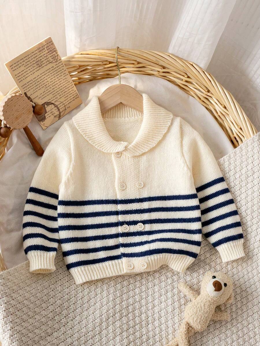 Infant & Toddler Boys' Academy Style Collared Long Sleeve Knit Cardigan Sweater, Colorblock Striped Double-Breasted Casual Versatile Jacket For Daily Wear, School, Spring, Autumn, Winter - Apricot - View 1