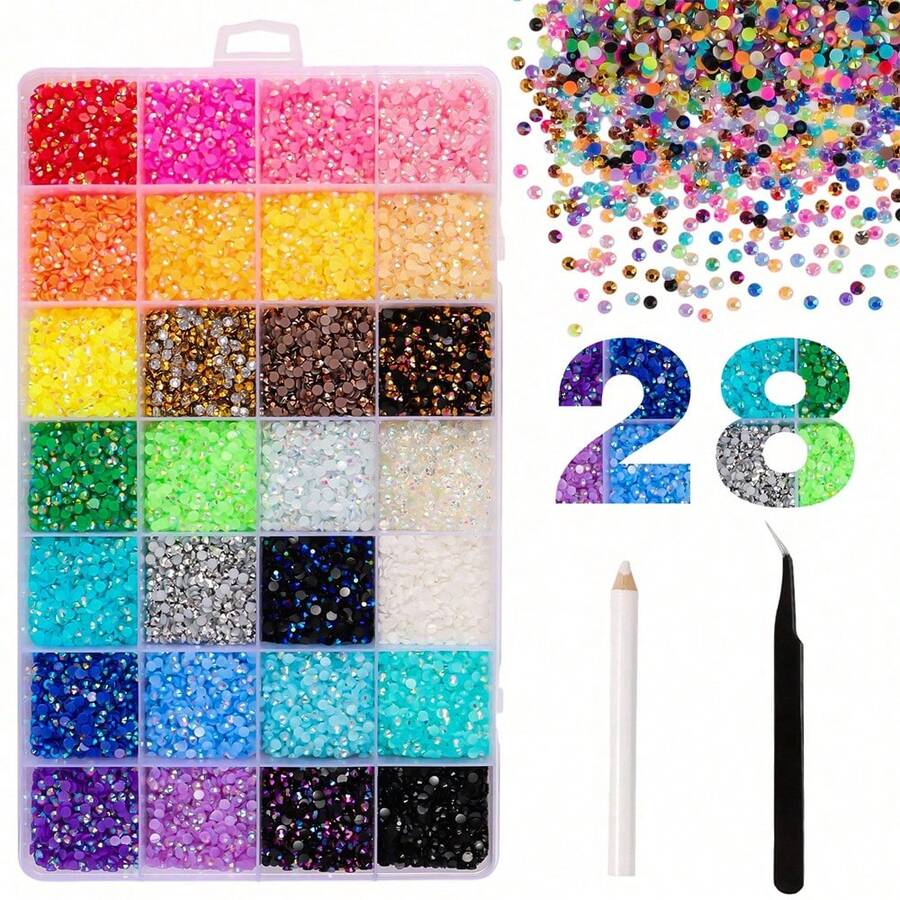 Mixed Color Resin Rhinestones 28-Grid Set, Tweezers + Dotting Pen Suitable For DIY Phone Cases, Pet Collars, Jewelry Accessories, Holiday Decorations And Clothing Decoration - 28 Grids 4mm - View 1