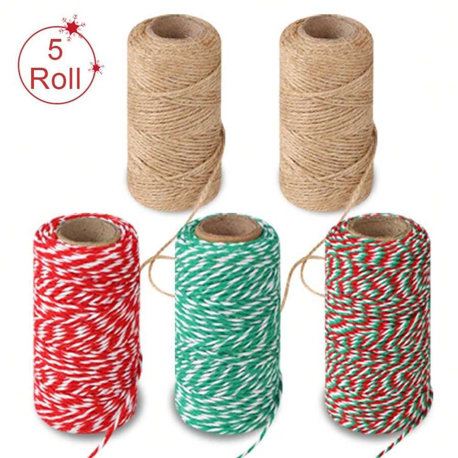5 Gulungan Tali Rami Natal, Tali Rami Hijau, Merah, dan Putih untuk Kerajinan, 70 M per Gulungan, Total 350 M, Tali Dekoratif untuk Pembungkus Kado, Kerajinan DIY, Dekorasi Liburan, dan Berkebun - 5 buah - View 1