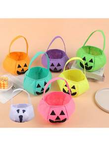 5/3/1pc Felt Jack-O'-Lantern Halloween Storage Basket With Handle, Neon Solid Color Pumpkin Face Storage Bucket, Reusable Handheld Gift Bag, Halloween Party Favor Autumn Holiday Decoration Halloween Accessory - Multicolor - View 19