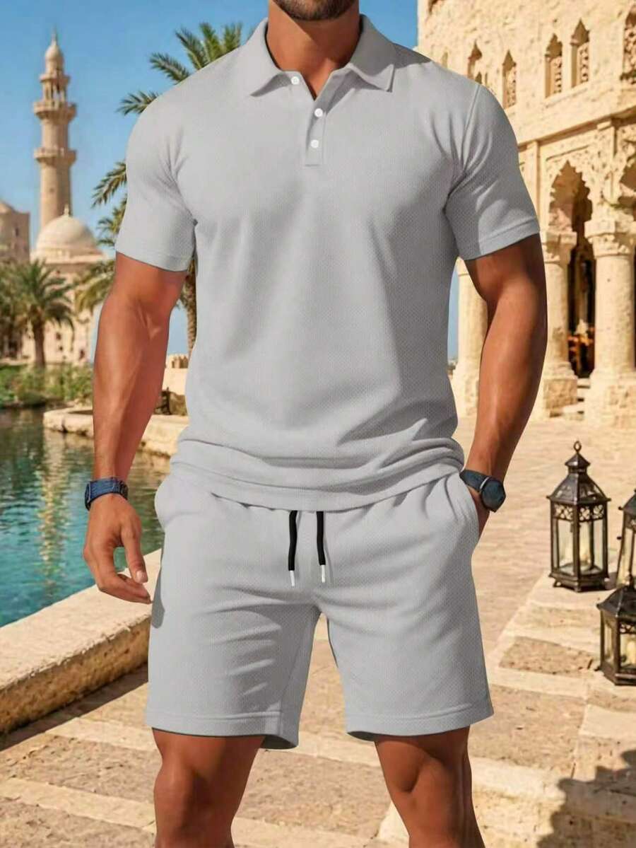 2pcs Men's Casual Solid Color Short Sleeve Polo Shirt And Shorts Set, Suitable For Beach, Commute, Gym And Weekend Outings - Light Grey - View 1