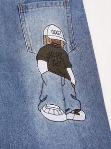 Tween Boy Spring Cartoon Graphic Pocket Casual Daily Denim Jeans - Blue - View 6