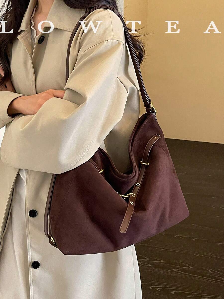 1pc Suede Fabric Shoulder Bag With Adjustable Strap, Suitable For Commuting, Shopping And More
