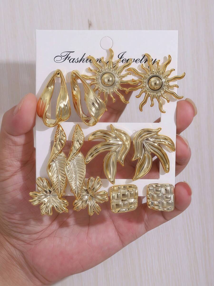 2-12PCS Gold Sunflower Bird Leaf Earrings Set - Gold - View 1