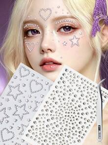 2/4 Sheets Heart Star Face Gems Stickers With Tweezers, Suitable For Makeup Decoration, Applicable For Daily Wear And Performances, Suitable For All, Y2K, Carnival, Concert Look, Face Gems - Multicolor - View 4