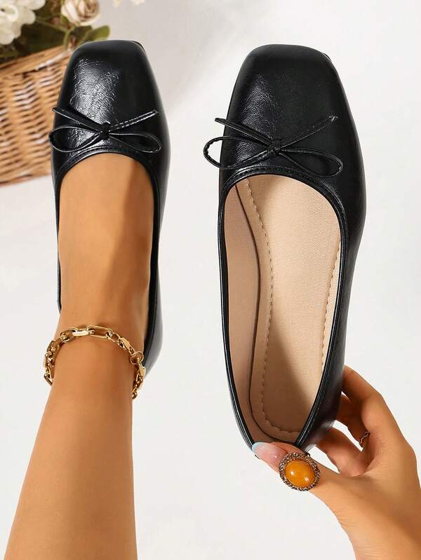 Women's Fashion Flat Ballet Shoes Black Bow Holiday Party Casual Slip-On Shoes Mom Shoes Work Shoes Lightweight Plus Size Non-Slip Durable PU Shoes