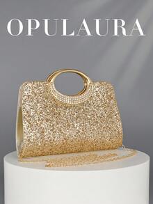 OpulAura 女士时尚闪亮水晶水钻手拿包，奢华闪亮水钻晚宴手提包，适合舞会、派对、生日庆典、新娘手拿包，完美搭配伴娘礼服、派对包、婚礼手拿包、派对包，非常适合派对、婚礼、舞会、晚宴/宴会，可搭配节日派对礼服、晚礼服和亮片连衣裙，新年亮片 - 金色 - 查看 1