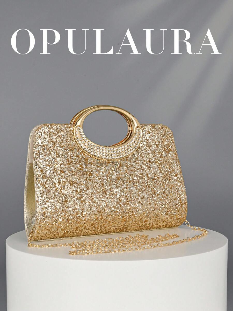OpulAura 女士时尚闪亮水晶水钻手拿包,奢华闪亮水钻晚宴手提包,适合舞会、派对、生日庆典、新娘手拿包,完美搭配伴娘礼服、派对包、婚礼手拿包、派对包,非常适合派对、婚礼、舞会、晚宴/宴会,可搭配节日派对礼服、晚礼服和亮片连衣裙,新年亮片 - 金色 - 查看 1
