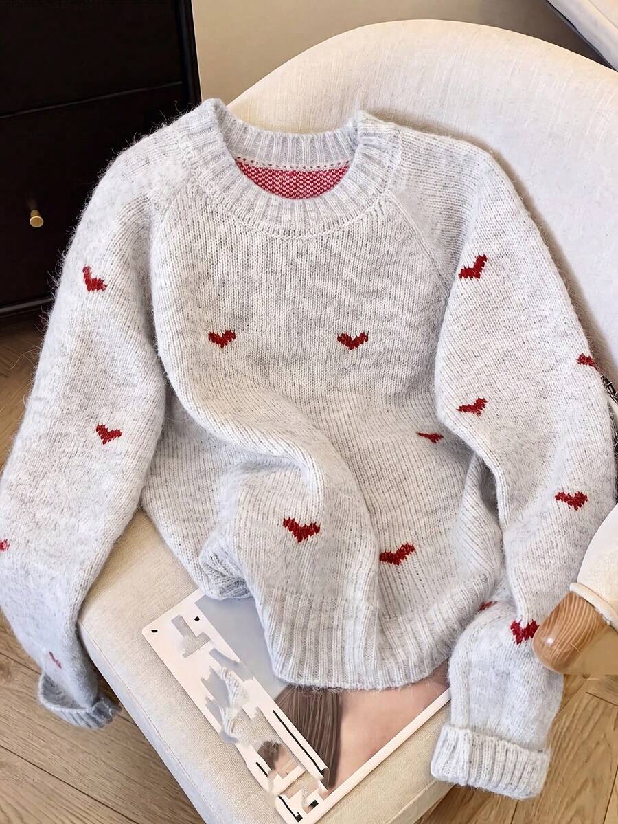 1pc Tween Girls Sweater, Korean Style Sweet Red Heart All-Over Print ...
