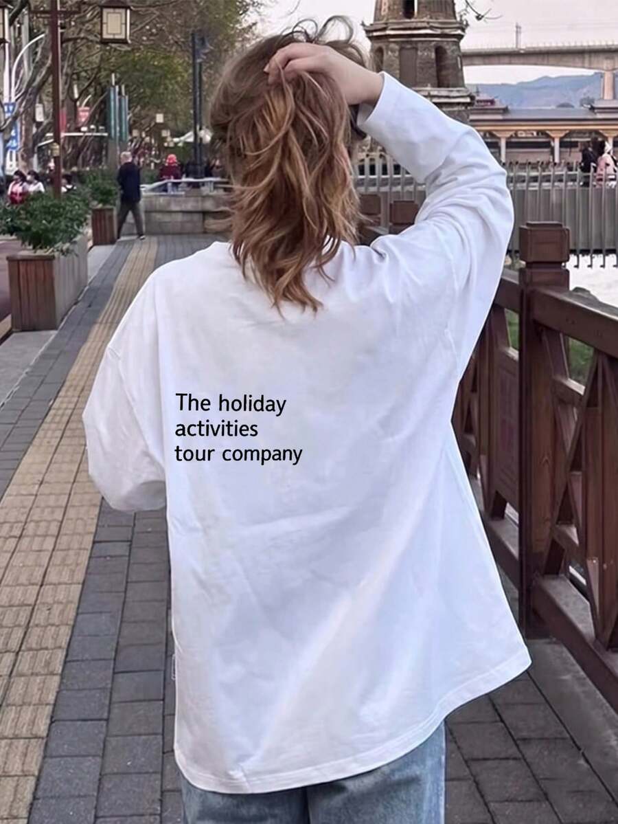 Women's Fashion Autumn/Winter Loose Versatile Letter Print Long Sleeve T-Shirt Casual - White - View 1