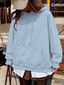 Oversized Women's Sweatshirt For Autumn/Winter, Long-Sleeve Hoodie With Pockets, Casual Top, Y2K Style, Daily Letter Graphic Print, Unisex, Streetwear - Light Blue - View 4