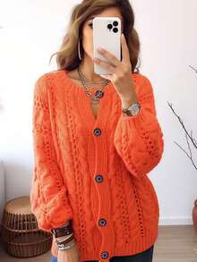 Plus Size Women Retro Orange Cable Stitch Cardigan Hollow Out Knit Sweater Button Up Warm Coat Fall Winter Vintage Style - Orange Red - View 3