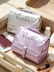 1PC Modern Minimalist Ins‑Style Nylon Rectangular Hanging Cosmetic Bag, Letter Print Buckle Closure, Hand‑Carry Hanging Multi‑Compartment Large‑Capacity Makeup Toiletry Organizer For Daily Home Use, Holidays, All‑Season Outings Perfect Gift Choice - Multicolor - View 7