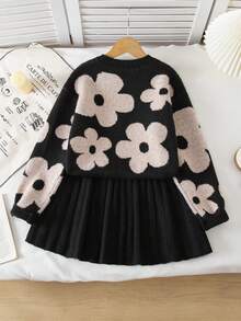 New Fashion Versatile Floral Jacquard Minimalist Commute Girls Pullover Sweater And Pleated Skirt Set - Black - View 2