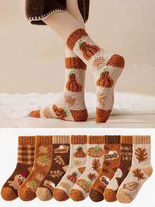 Random 1/3/5 Pairs Non-Shedding Coral Fleece Socks For Women, Turkey Half-Fleece Thickened Half-Sleep Mid-Calf Socks - Multicolor - View 1