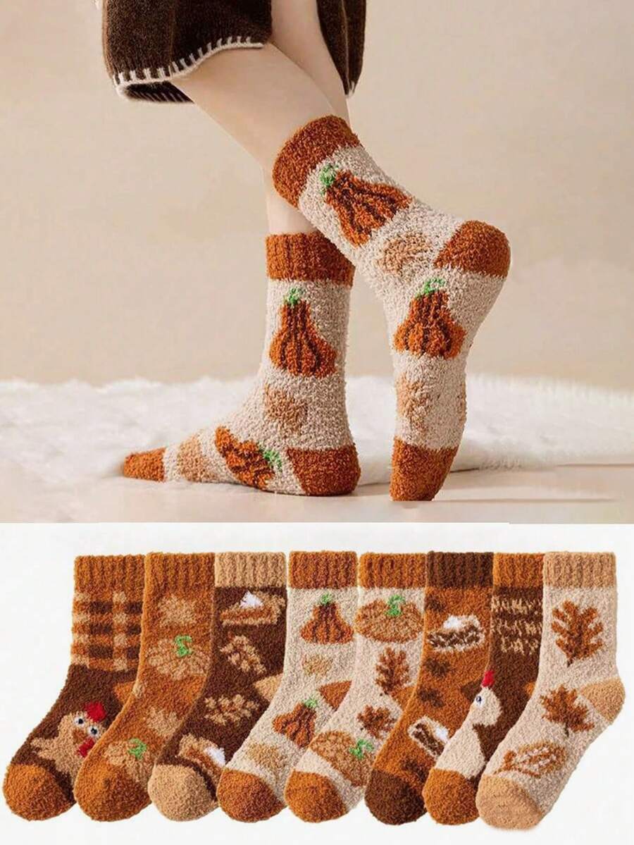 Random 1/3/5 Pairs Non-Shedding Coral Fleece Socks For Women, Turkey Half-Fleece Thickened Half-Sleep Mid-Calf Socks - Multicolor - View 1