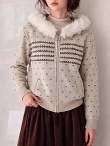 Women's Winter Casual Minimalist Retro Pattern Striped Design Hooded Cardigan Sweater Jacket - Milk Coffee - View 3