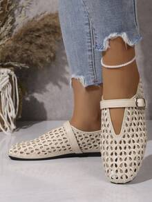 Summer New Fashion Women's Mary Jane Shoes, Buckle Square Toe Soft Sole Hollow Breathable Embroidered Low-Top Shoes - Beige - View 3