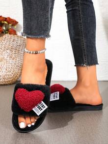 1 Pair Women's Heart-Shaped Plush Slippers, Open Toe Fluffy Flat Sandals, Comfortable Indoor Outdoor Home Slippers - Black - View 3