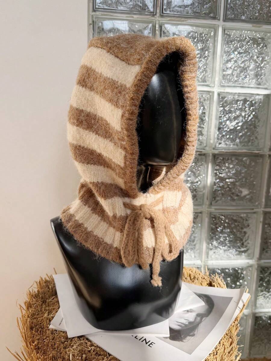 Bonnet à cordon rayé, chapeau-écharpe à capuche ample et chaud pour l'automne/l'hiver, équipement de neige résistant au froid, convient pour le port quotidien, les activités de vacances, les cadeaux - Kaki - Voir 1