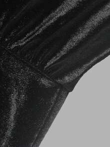 DONICY Women's Black Velvet Round Neck Flare Sleeve Ruffle Hem Blouse, Loose Draped Long Sleeve Top For Fall Daily Wear - Black - View 4