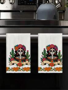 2pcs/4pcs Day Of The Dead Sugar Skull Girl Print Kitchen Towels, Floral Cactus Pattern Dish Cloths, Multi-Purpose Household Cleaning Rags, Holiday Decor Practical Gift - Multicolor - View 6