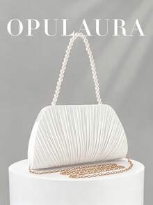 OpulAura 女款優雅人造珍珠緞面晚宴手拿包，浪漫婚禮包，精緻迷人的正式禮服晚宴包，百褶設計精緻手提包，適合晚宴/舞會/生日派對/正式場合，適合作為節日禮物 - 白色 - 查看 1