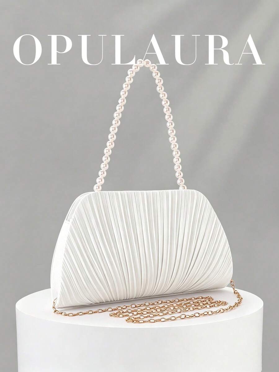 OpulAura 女款優雅人造珍珠緞面晚宴手拿包，浪漫婚禮包，精緻迷人的正式禮服晚宴包，百褶設計精緻手提包，適合晚宴/舞會/生日派對/正式場合，適合作為節日禮物 - 白色 - 查看 1
