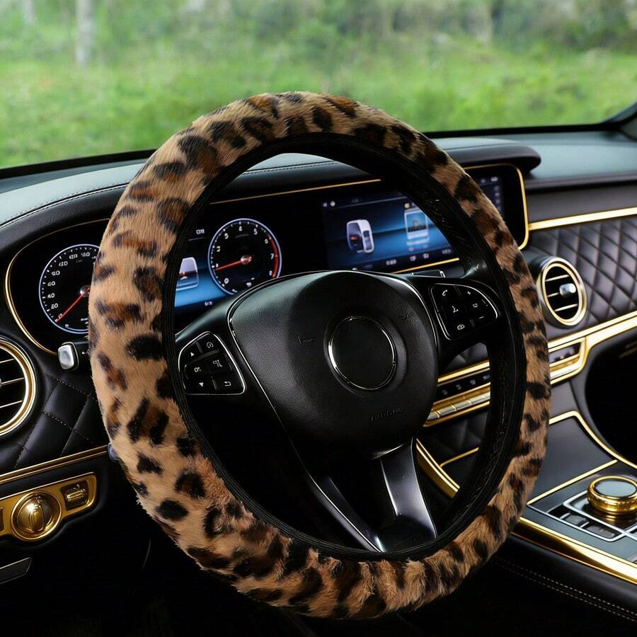 A Winter Warm Hand Faux Mink Plush Fabric Simulated Long Plush Leopard Print Car Steering Wheel Cover Without Inner Ring Suitable For 14.5-15 Inch Car Interior Accessories