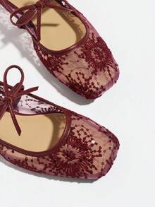 Women's Burgundy Flat Ballet Shoes With Bow Decor, Embroidered Mesh Hollow Out Breathable Square Toe Sequin Comfortable Mary Jane Sandals For Summer - Burgundy - View 11