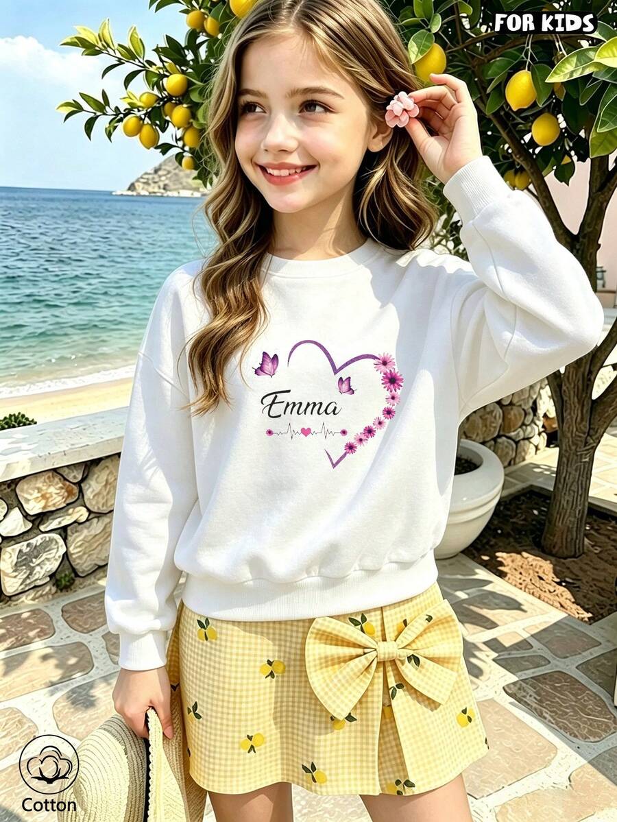 كنزة سويت شيرت للبنات بطبعة قلوب وفراشات وزهور مع اسم Emma، بلوزة بأكمام طويلة وياقة دائرية - أبيض - مشاهدة 1