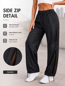 Women's High Waist Drawstring Wide Leg Training Pants With Side Zip Mesh Panels And Adjustable Hems For Gym Workout - Black - View 3