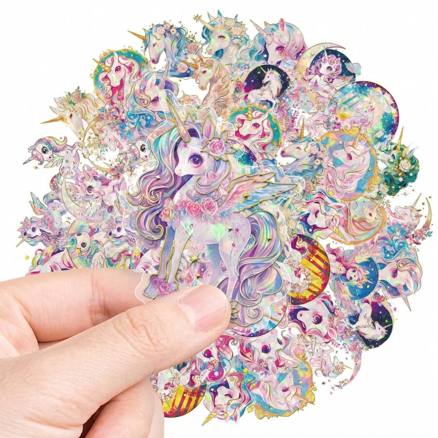 30Pcs Holographic Rainbow Unicorn Stickers, Cute Winged, Moon, Star, Cloud & Floral Decals, Waterproof Vinyl Stickers For Water Bottle, Notebook, Phone Case, Luggage, Scrapbook DIY Decor - Multicolor - View 1