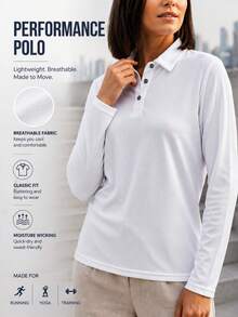 Women's White Long Sleeve Polo Top, Classic Fit Collared Shirt For Golf, Workout, Travel And Everyday Wear. - White - View 3