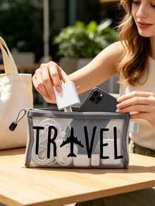 Lightweight Mesh Zipper Pouch With "Travel", Travel Print Makeup Bag,Multifunctional Storage Pouch, Portable Toiletry Storage Organizer For Cosmetics, Stationery & Travel Essentials,For Travel Vacation Daily Use - Multicolor - View 4