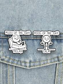 4pcs Stick Figure Humorous Mood Text Quote Enamel Pin, Cartoon Funny Mental State Badge, Fashion Clothes Backpack Accessory, Amusing Gift For Friends - Black and White - View 6