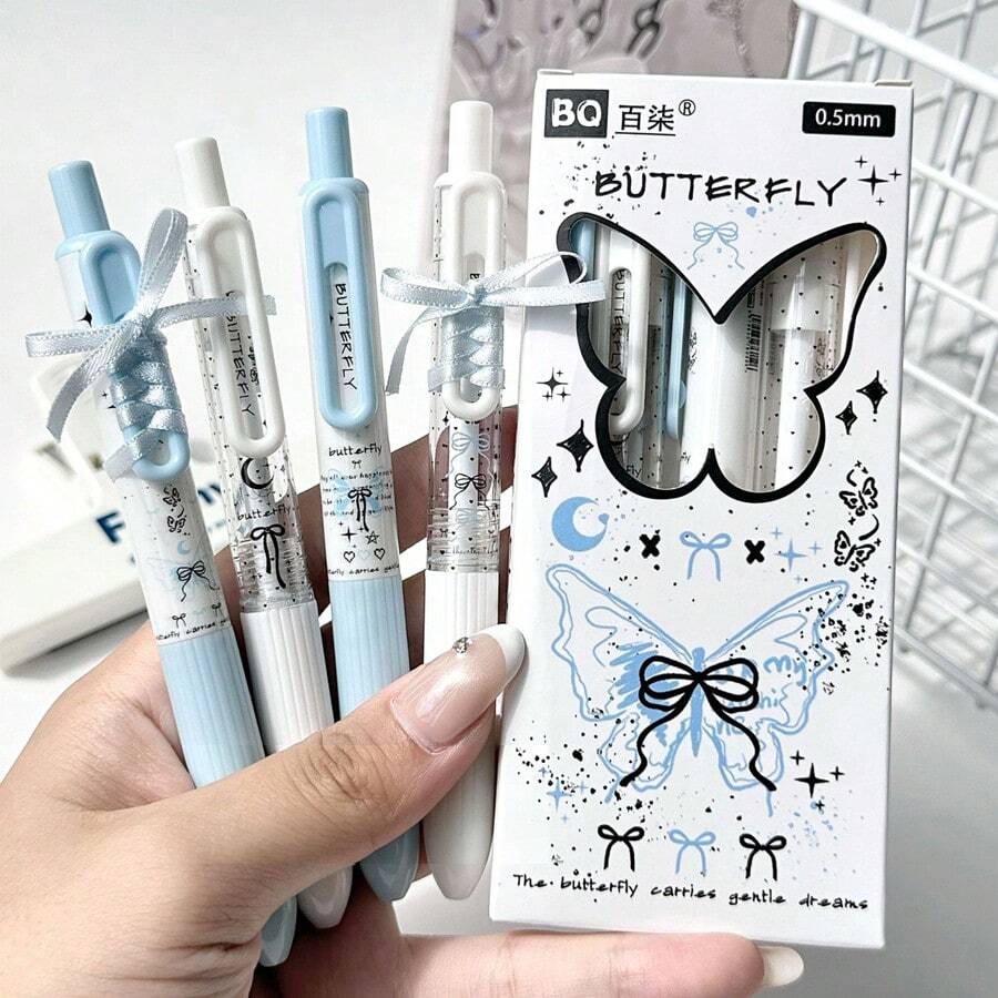 4pcs Blue Flowing Butterfly Pattern Ribbon Pens, 0.5mm Black Replacement Refills, DIY Fashion Smooth Writing Pens, Suitable For Students And Exams, Student Stationery, Holiday Gift