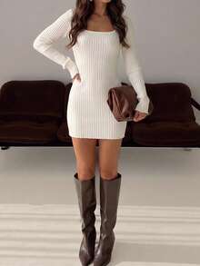 Just Masa Women's Fall Casual Elegant Square Neck Long Sleeve Bodycon Sweater Mini Dress,Rib-Knit Chic Basic Dress,For Party,Wedding,Birthday,Date - Off White - View 10