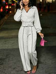 RNU Women's Light Gray Lapel Half-Zip Sweatshirt 2 Pieces Set, Autumn/Winter Style, Cropped Waist Top With Contrast Color Drawstring Wide Leg Pants, Side Pockets Design, Loose Lantern Sleeves, Casual American Style, Comfortable For Daily Wear, Shopping And Home - Light Grey - View 9