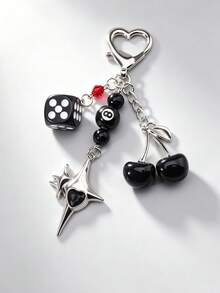 Dark Gothic Vintage Rhinestone Star, Dice, Black Beads, Resin Fruit Cherry, Personalized Keychain, Suitable For Students, Adult Men And Women Bag Pendant Gift - Black - View 3