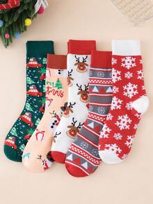 5 Pares de Meias de Natal Femininas Aleatórias de Outono/Inverno com Flocos de Neve, Renas, Papai Noel e Desenhos Animados de Casal até a Panturrilha - Multicolorido - Visão 5