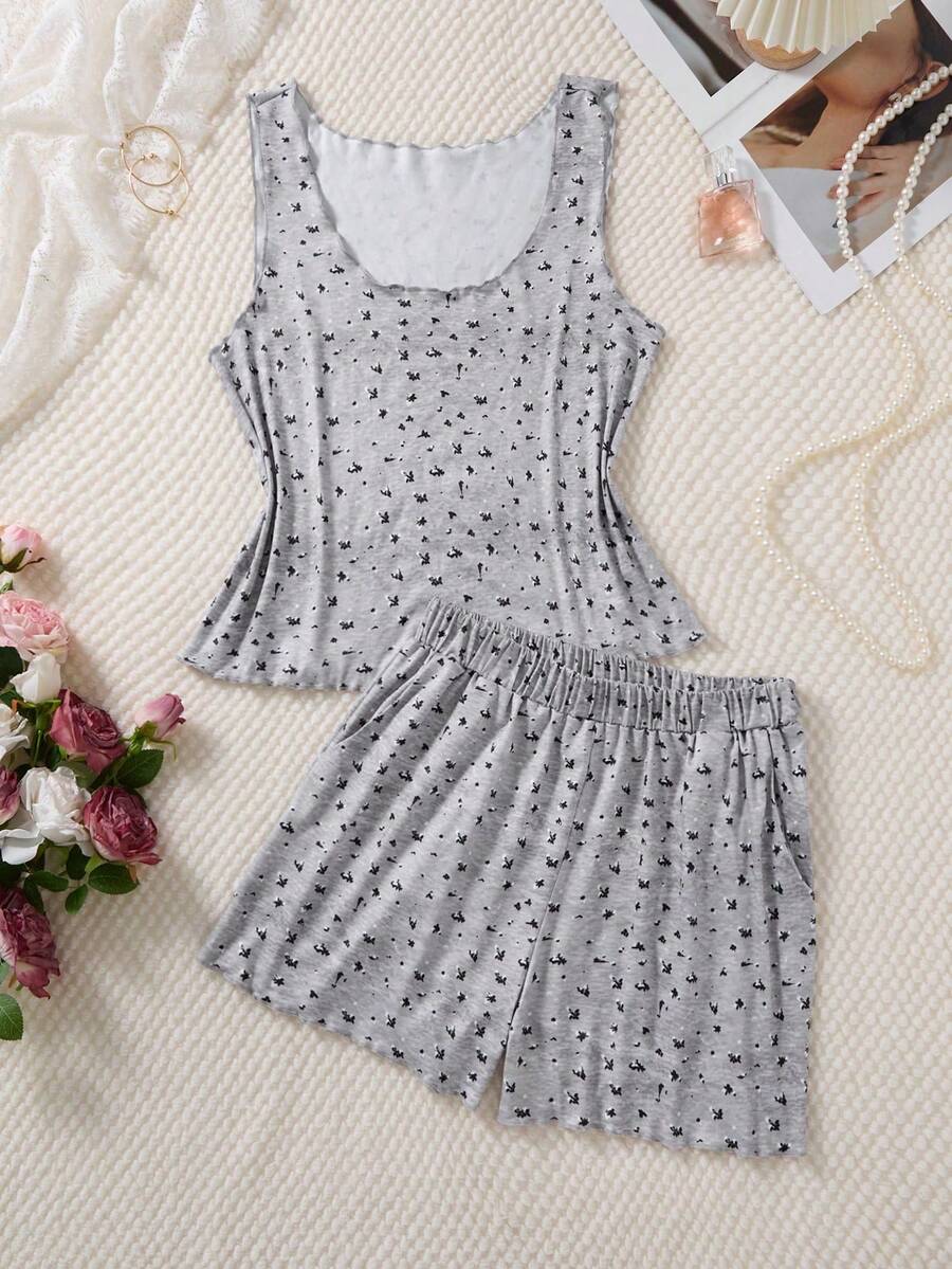 2-Piece Pajama Set Plus Comfortable Small Ditsy Floral Knit Sleeveless Tank Top And Shorts, Plus Size Women Spring/Summer - Grey - View 1