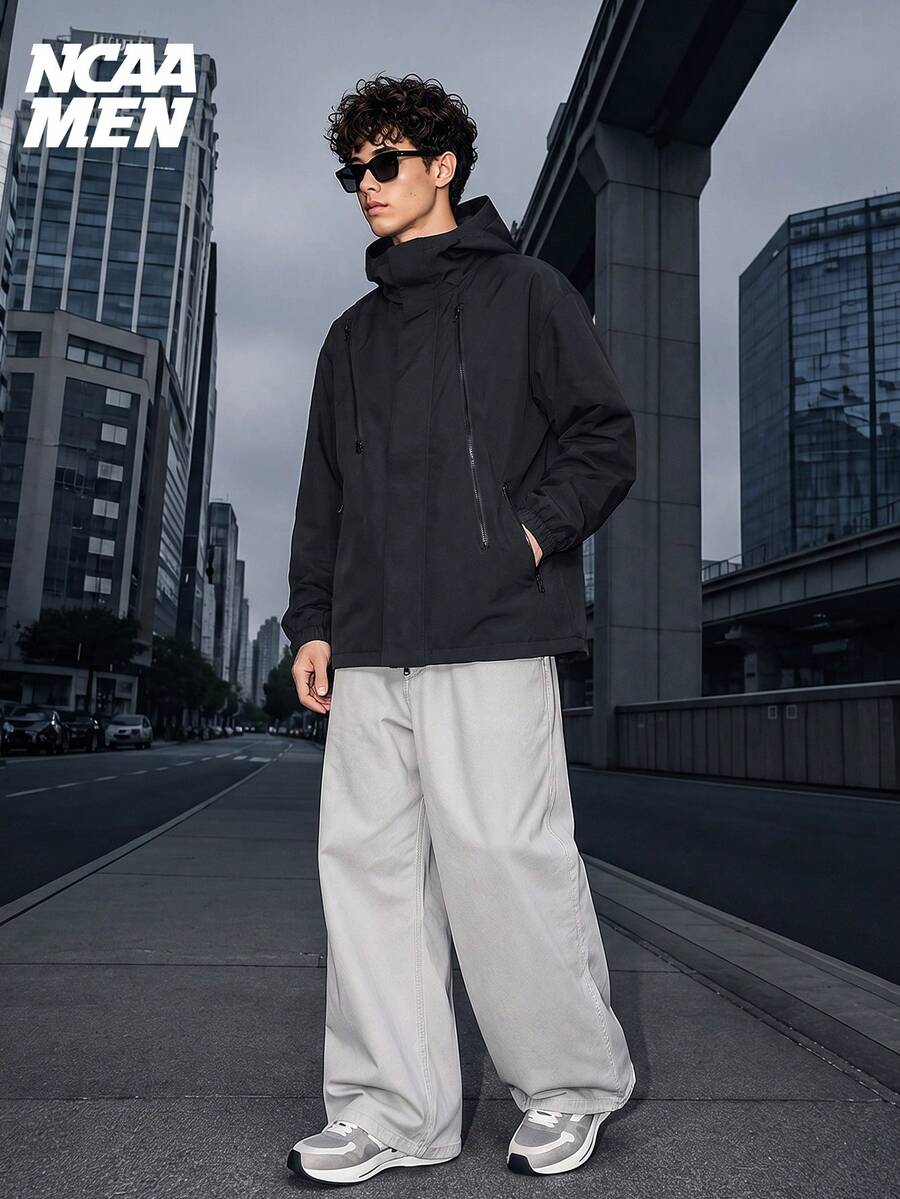 Men's Techwear Hooded Softshell Jacket, Spring/Autumn Multi-Zipper Design Workwear Jacket, Outdoor Waterproof Hiking Coat - Black - View 1